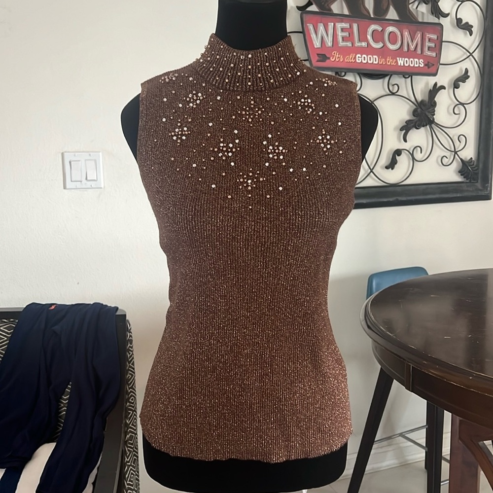 TanJay bronze sleeveless sweater top.